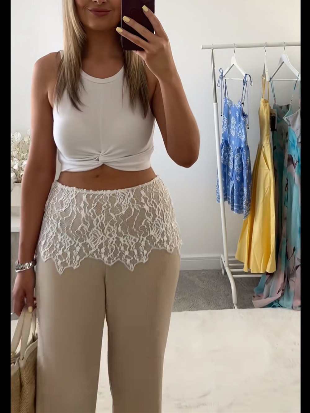 Zara NWT High-Waist Wide-Leg Pants Lace overlay Trim tie side - Beige